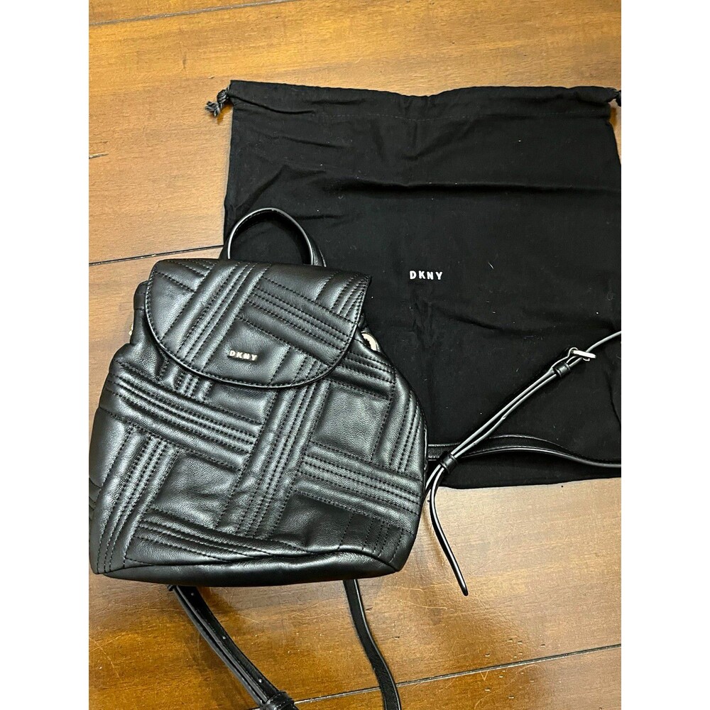 DKNY Black Quilted Leather Mini Backpack Gold Chain Drawstring Flap Bag Dust Bag